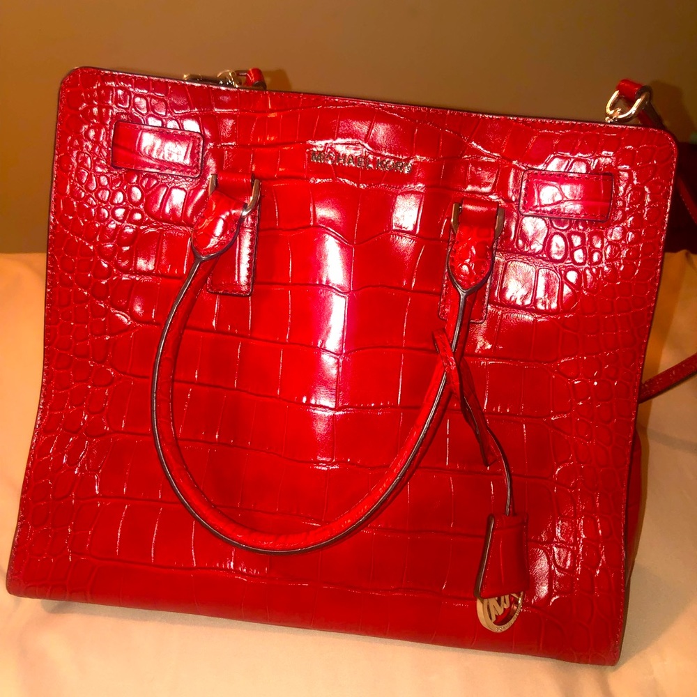 Michael Kors Croc-Embossed Satchel Bag, Red
